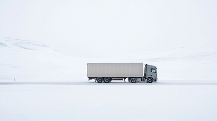 A solitary truck navigates a snowy landscape, emphasizing isolation and the challenges of winter travel.