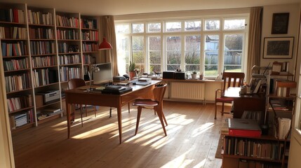 Sunlit Study with Extensive Bookshelves and Window View