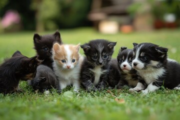 Obraz premium Kittens and puppies play joyfully on the green grass during a sunny afternoon, kittens and puppies are playing on the grass