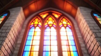 Obraz premium Church interior with stained glass windows Concept, Majestic High Ceiling with Arched Stained Glass Windows Illuminating an Interior Space