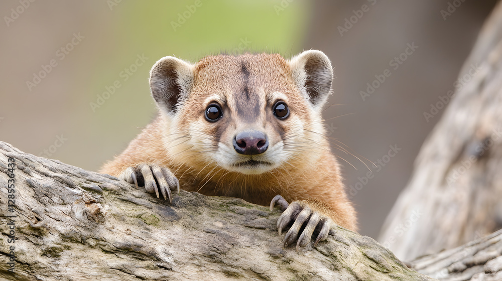 Poster Adorable mongoose peering curiously over a branch in a natural setting : Generative AI