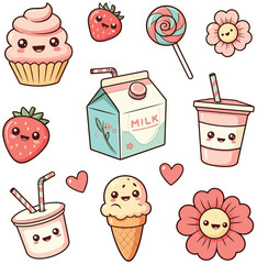 Kawaii Cute Food and Flowers Clipart Sweet Treats Design Elements