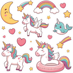 Adorable Unicorns, Rainbow, Stars, and Narwhal Cute Kawaii Clipart Design