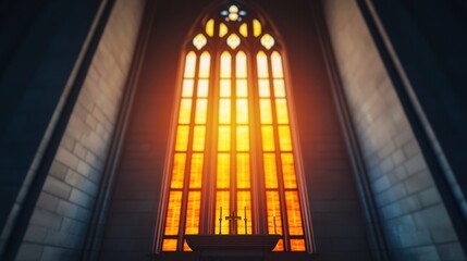 Church interior with stained glass windows Concept, Majestic Gothic Stained Glass Window Illuminating a Church Interior with Warm Light