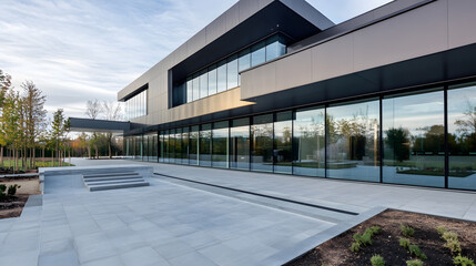 Modern Architectural Design of Building with Glass Facade and Minimalist Landscape : Generative AI