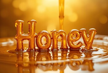 pouring type honey over golden "honey" word letters