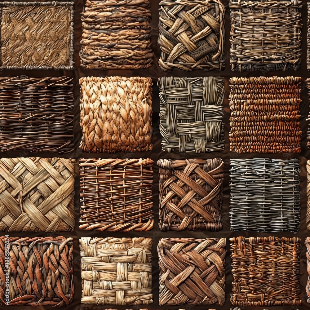 Poster an assortment of woven baskets displaying intricate patterns and textures, perfect for storage and d