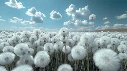 Dandelion seeds float in the wind over a summer meadow with a blue sky background.