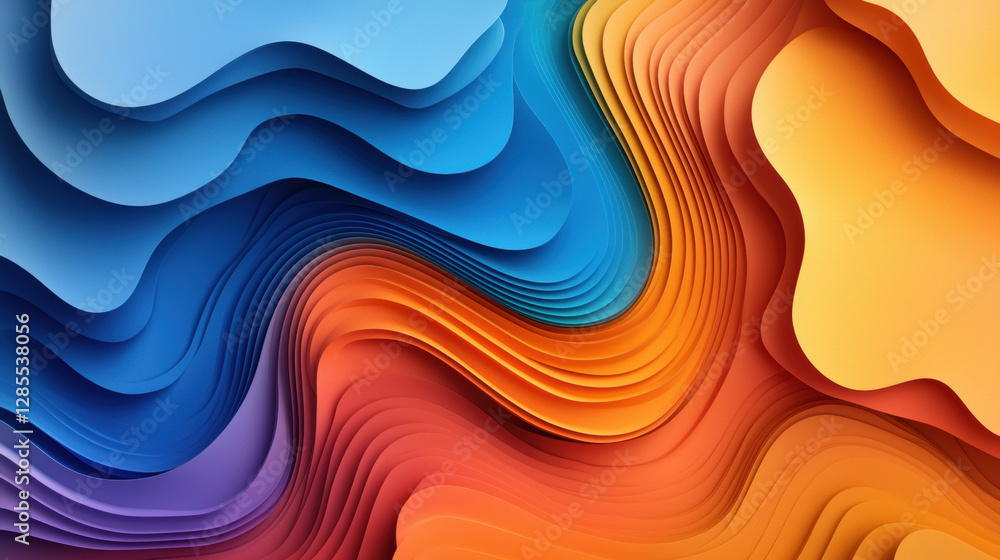 Poster a vibrant abstract design featuring wavy layers in blue, orange, and purple, creating a dynamic visu
