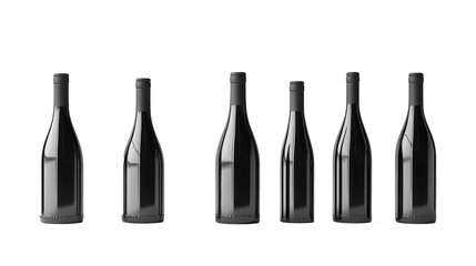 Six identical, dark-colored wine bottles stand in a row against a transparent background. The bottles have a sleek, minimalist design with black caps and no labels.