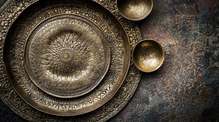 Naklejka premium Ornate Vintage Plates and Bowls on Rustic Textured Surface