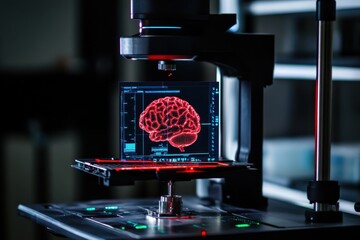 Innovative scope scanning technology for brain data processing at advanced research facility, scope scanning with data processing and digital brain on black background
