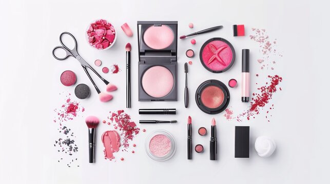 A Flatlay of Pink and Red Makeup Cosmetics and Tools