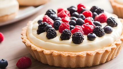 Delicious Berry Topped Tart on Rustic Wooden Table for Gourmet Dessert Lovers : Generative AI