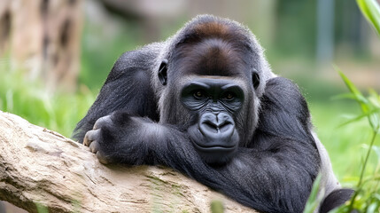 Obraz premium Resting Gorilla in Natural Habitat Displaying Calm and Awareness in the Middle of a Forest : Generative AI