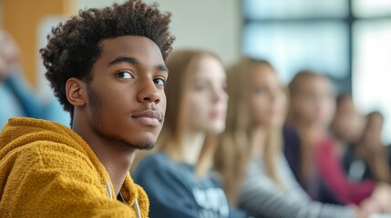Obraz premium Young man in a classroom focused on learning while peers engage in discussion in the background