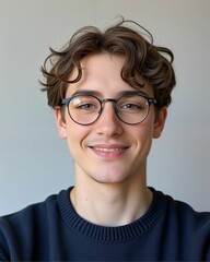 Fototapeta premium A smiling young man with curly hair and glasses, dressed in a dark sweater, poses against a light background.