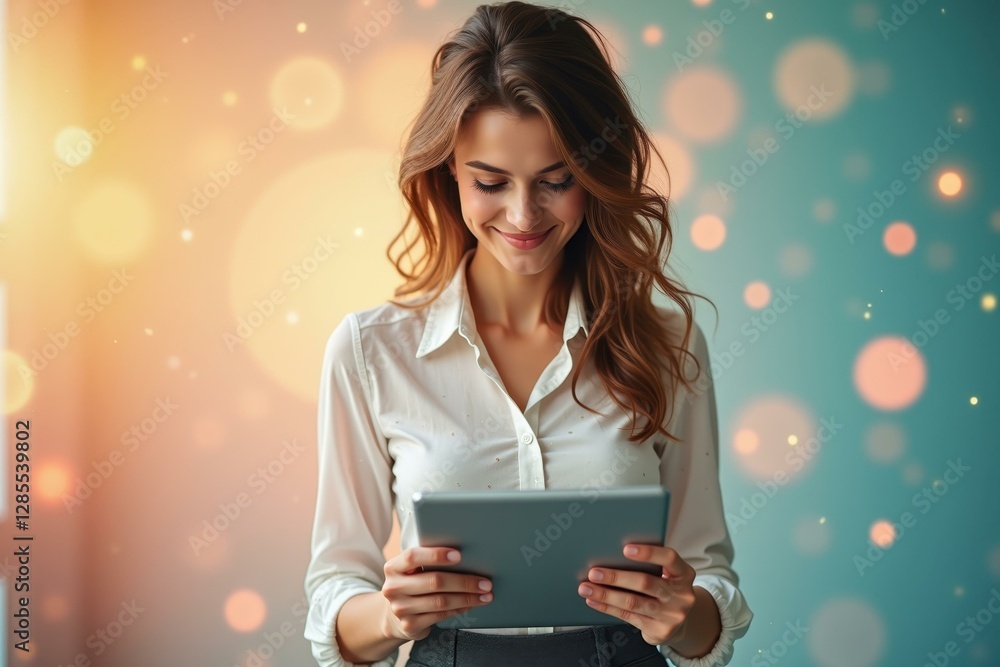 Poster woman is using tablet computer while standing in front of window