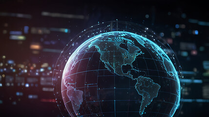 A 3D digital globe displaying North and South America, surrounded by glowing data points and network lines against a dark background.

