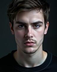 Obraz premium A striking portrait of a young man with intense eyes, showcasing an expression of confidence against a dark background.
