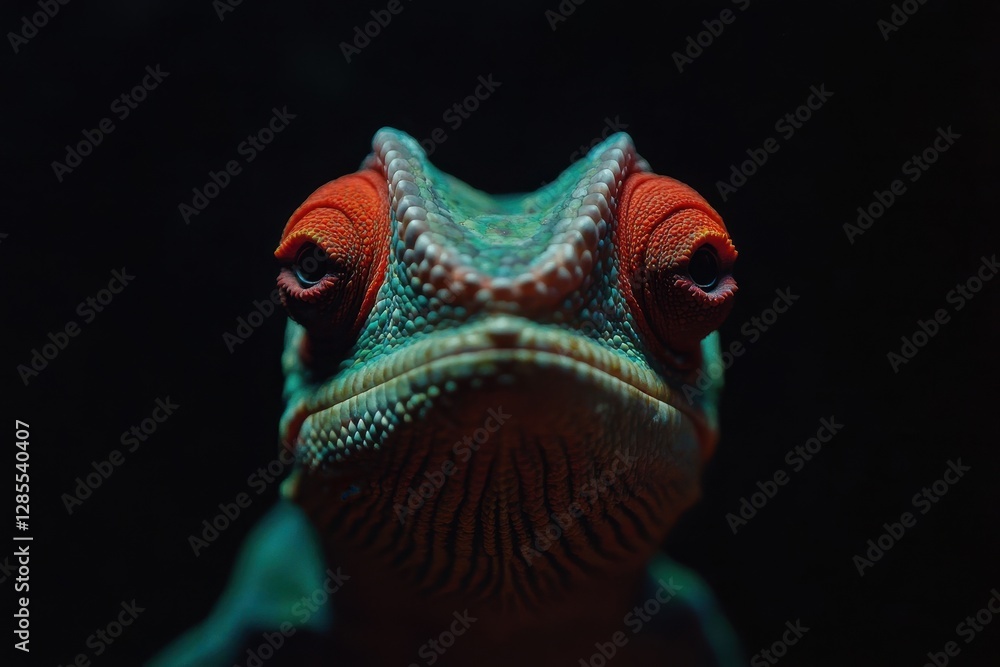 Poster closeup of a vibrant red and green chameleon displaying striking colors and distinctive features, cl
