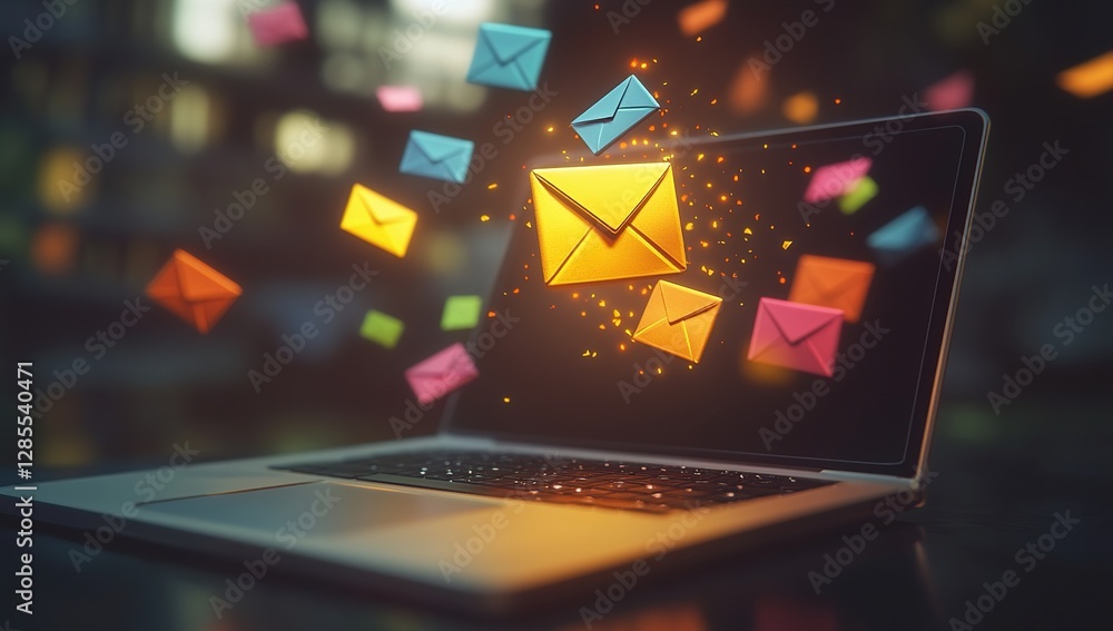 Poster digital emails arrive on laptop screen, fast and efficiently improving communication.