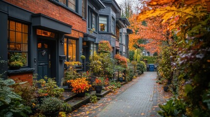 Fototapeta premium A cozy and stylish townhouse neighborhood, lined with tree-shaded sidewalks