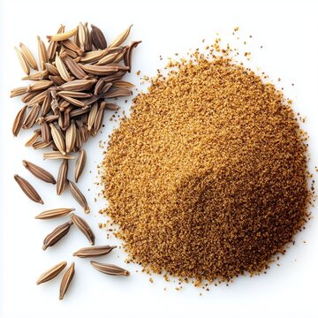  Ground cumin and seeds on white background