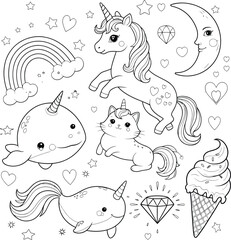 Adorable Unicorn, Narwhal, Cat Coloring Page Rainbow, Moon, & Ice Cream Design
