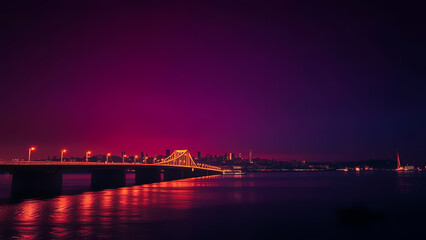 Fototapeta premium Auckland Harbour Bridge at Night: Vibrant Cityscape, New Zealand Landmark, Urban Photography, Illuminated Bridge, Red and Purple Hues, Scenic View