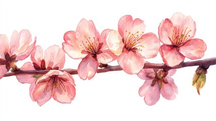 A watercolor illustration of delicate pink cherry blossoms on a branch.