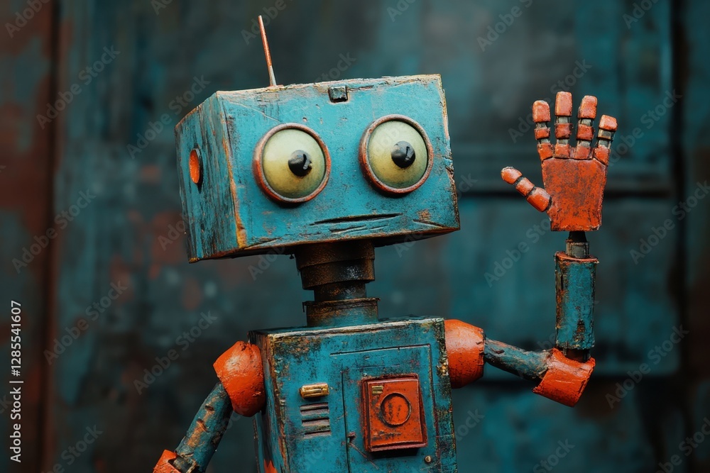 Aufkleber stylized robot waves enthusiastically in a vibrant and colorful setting with a retro design, a styli