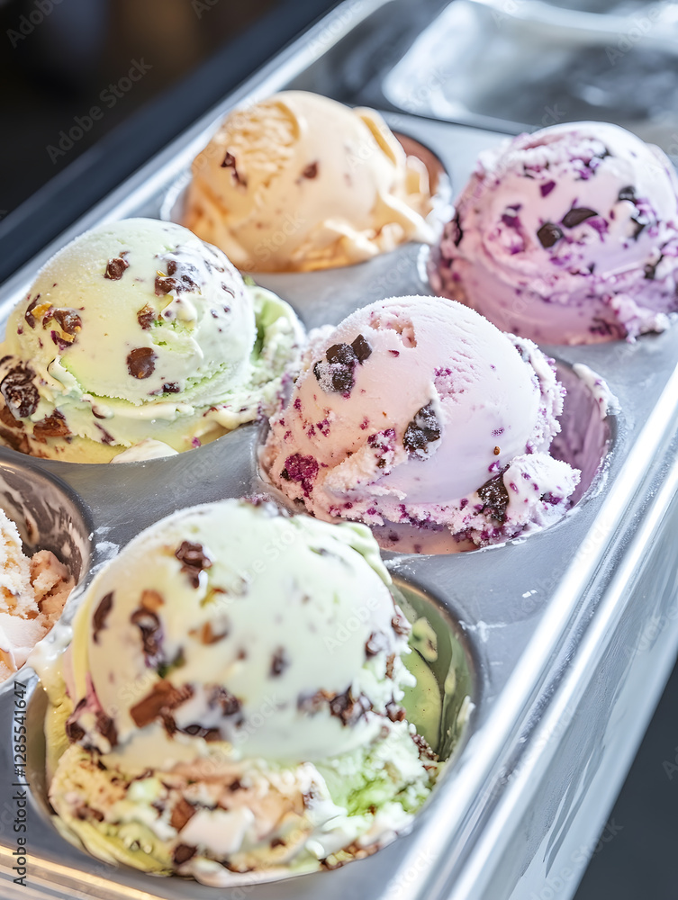 Poster Assorted Gourmet Ice Cream Scoops with Chocolate and Raspberry Toppings : Generative AI