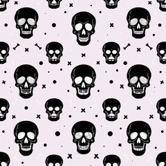a repeating arrangement of black skulls and bones against a light pink background, with scattered white dots.
