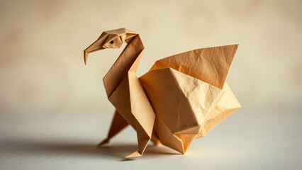 Origami Crane Sculpture: Paper Art, Detailed Folds, Bird Figure, Craft, Tan Color, Artistic Design, Japanese Tradition, Creative Papercraft, Elegant Decoration