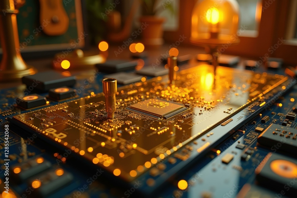 Poster electronic components are on table with candle in background