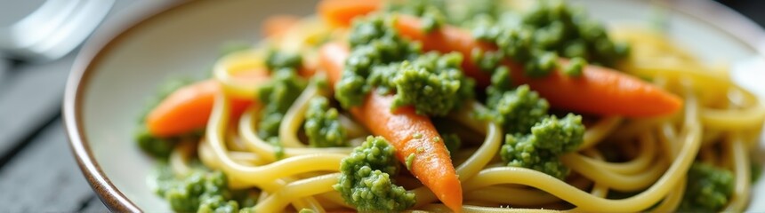 A close up of a plate of pasta with carrots and pesto