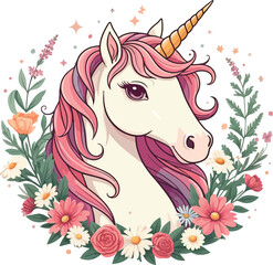 Enchanting Pink Unicorn Floral Design Magical Creature Illustration
