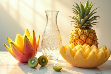 Fruit Juice Recipe. Tropical fruits pineapple kiwi dragon fruit with g