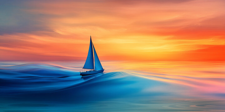 A sailboat with blue sails gliding over gentle ocean waves under a vibrant sunset sky