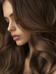 Naklejka premium Close Up Profile of Woman with Smooth Brown Hair Showcasing Haircare and Beauty Concepts : Generative AI