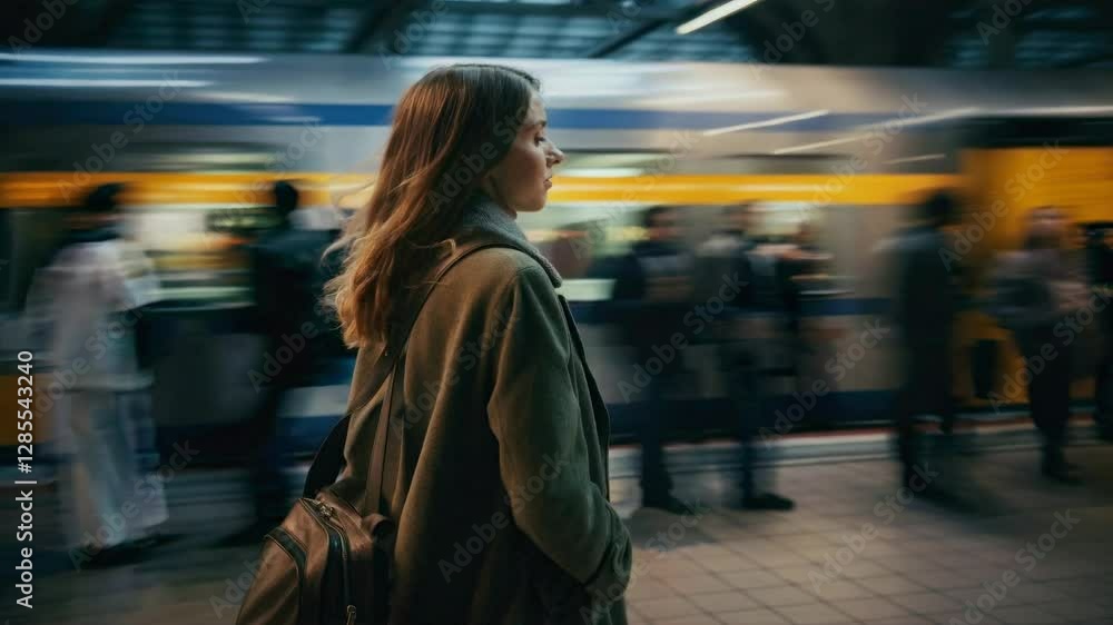 Poster a woman with a backpack stands on a train platform, captured in a side angle. the motion blur of a p