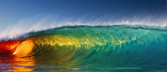 Vibrant ocean wave showcasing stunning colors at sunset near the shore. Generative AI
