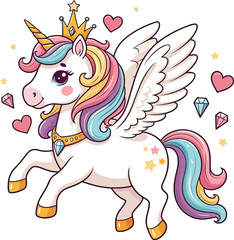 Adorable Rainbow Unicorn with Wings, Crown, and Gems Cute Cartoon Design
