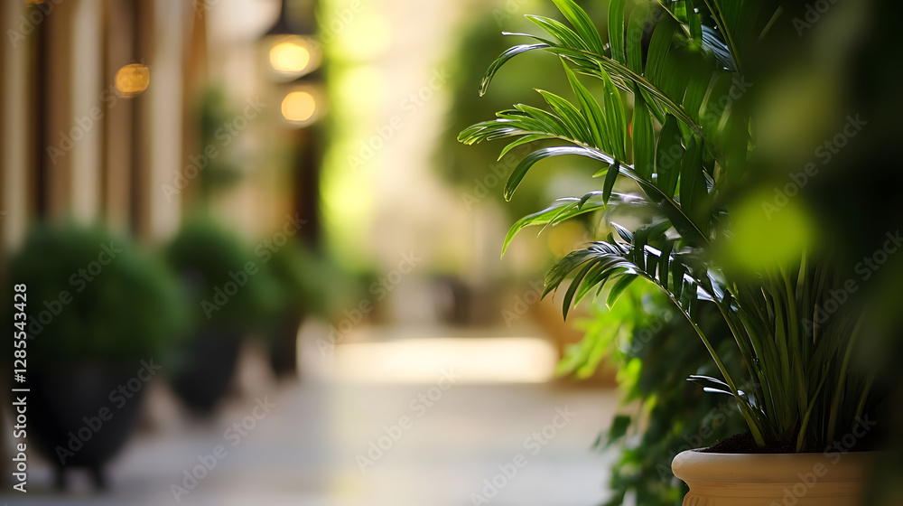 Poster serene green foliage lining a sunlit walkway in an urban setting : generative ai