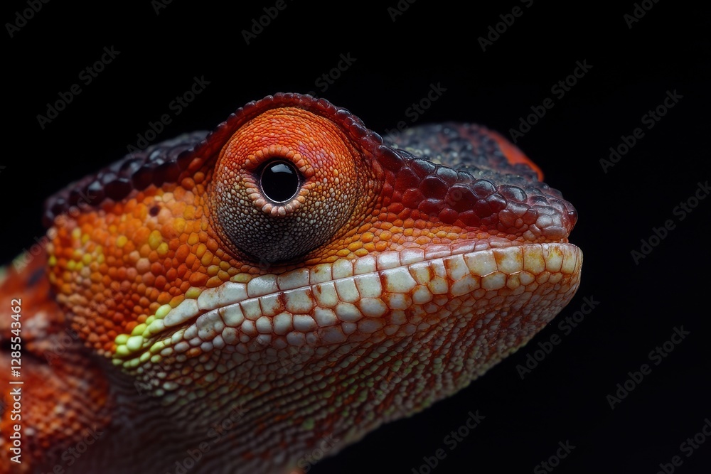 Poster closeup of a striking red and green chameleon displaying intricate textures and colors, close-up sho