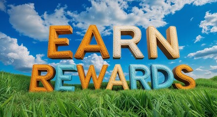 earn rewards lettering on background with green grass and bright blue cloudy sky
