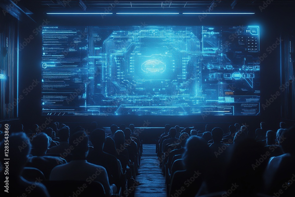 Poster audience views futuristic digital data stream projected on a giant screen in a dark theater
