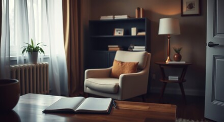 Fototapeta premium Cozy interior with open notebook, chair, and warm lighting. Relaxing scene at home or in an office.