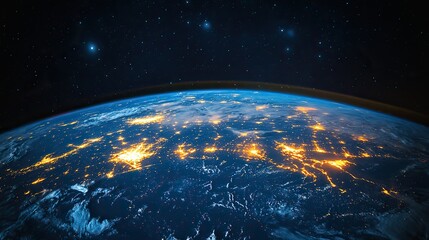 Obraz premium Earth at night is seen from space, with North America illuminated by a sunrise. The blue marble, with its illuminated continents, creates a stunning cosmic night view.
